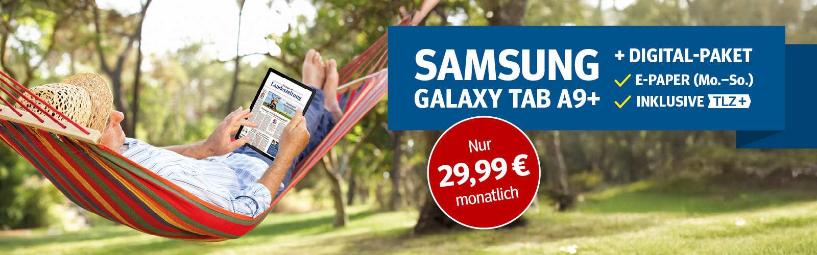 Mann entspannt in Hängematte und nutzt iPad 11 im Grünen. Angebot: Digitale Zeitung + iPad für 34,99 € im Monat.