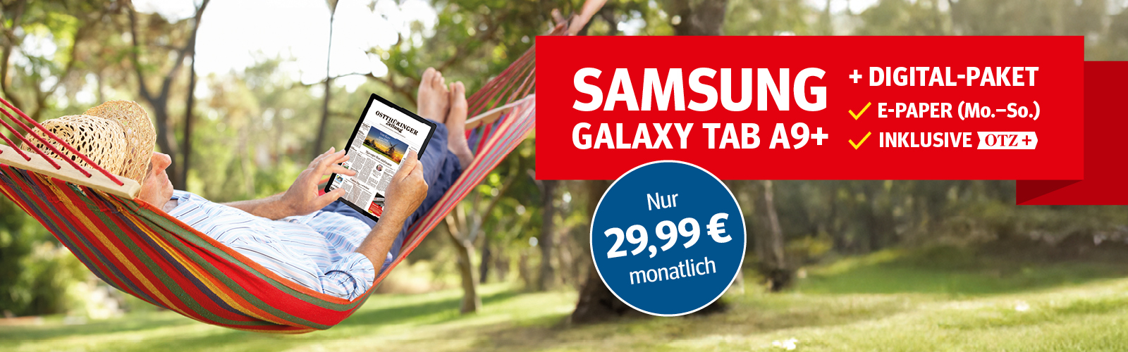 Mann entspannt in Hängematte und nutzt iPad 11 im Grünen. Angebot: Digitale Zeitung + iPad für 34,99 € im Monat.